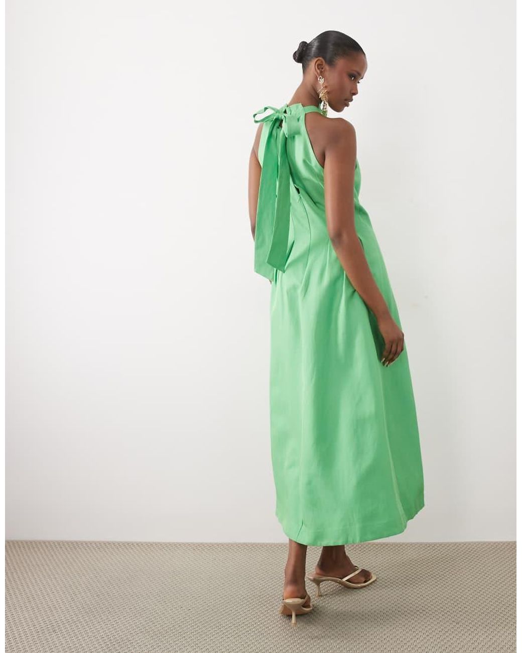 forever new green dress Linen Blend Pleat Detail Halter Midi in Mock Neck