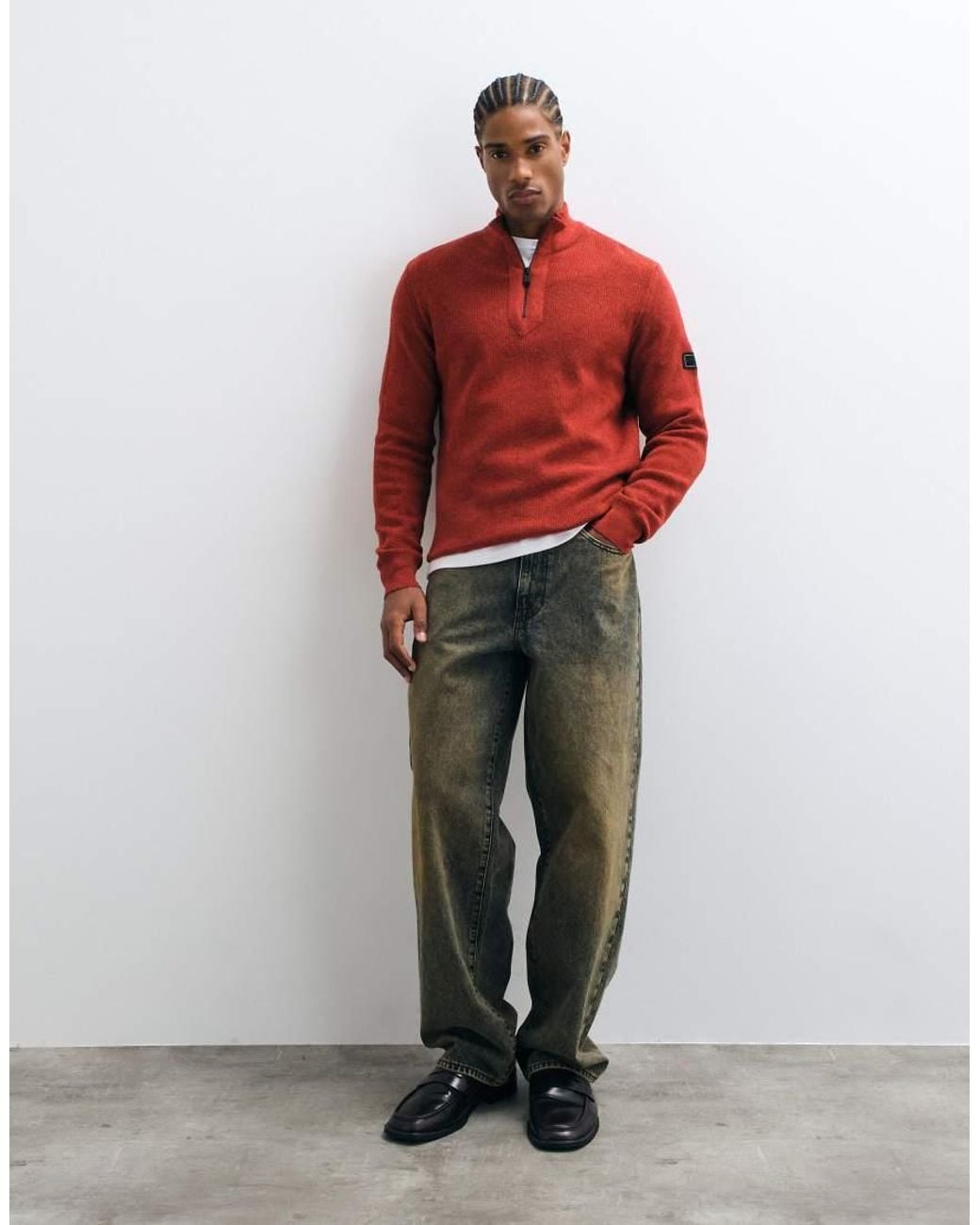 Barbour Red Crawley Wool Blend Half Zip Funnel Neck Jumper for men