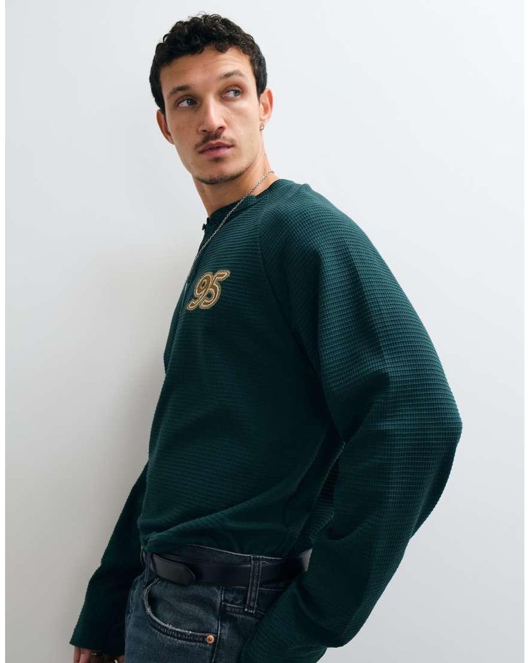 ASOS Green Heavyweight Oversized Long Sleeve Henley With 95 Embroidery for men