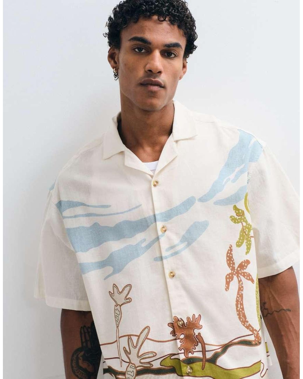 ASOS White Boxy Oversized Printed Shirt With Linen for men