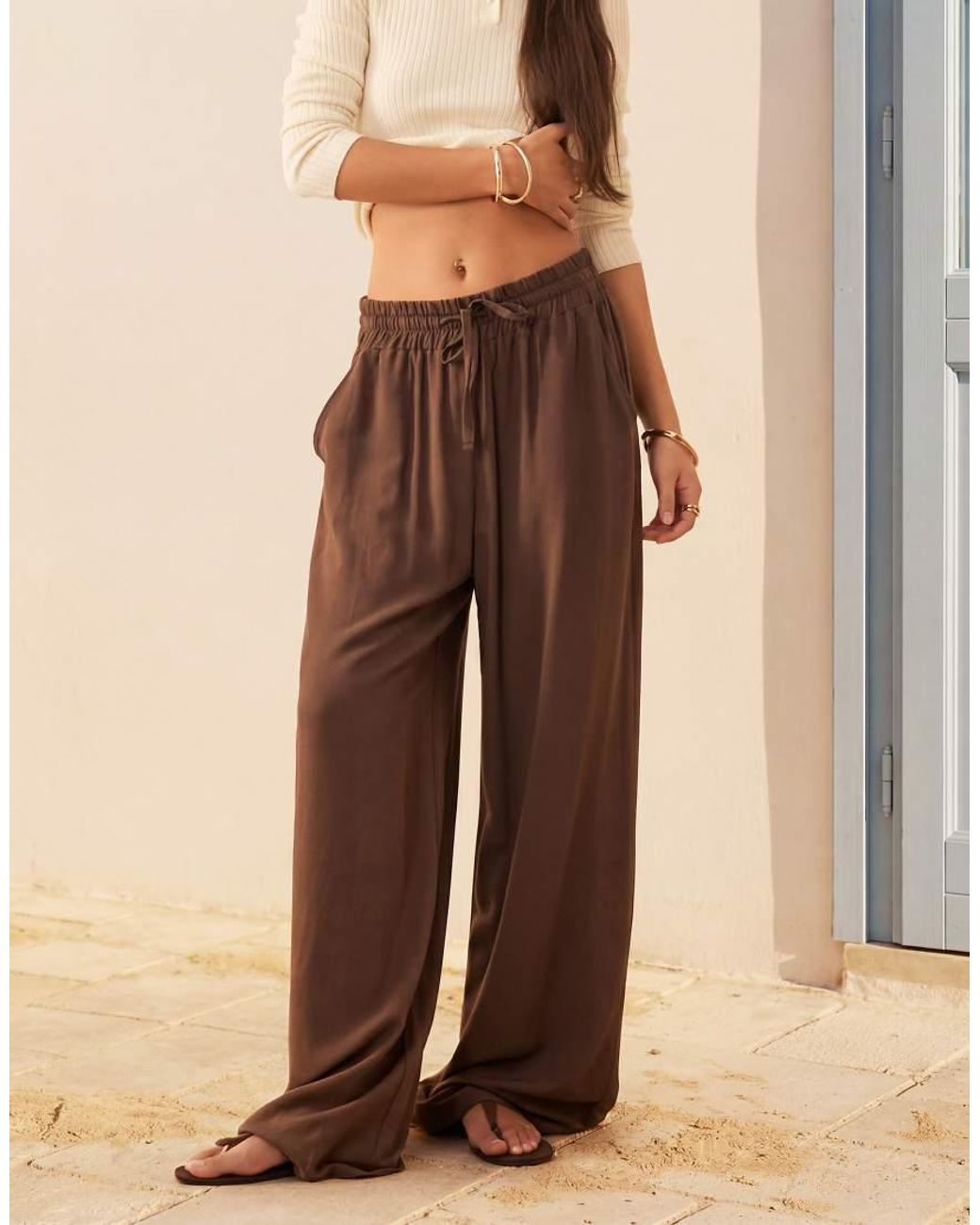 ASOS Natural Linen Blend Pull On Drawstring Waist Wide Leg Trouser
