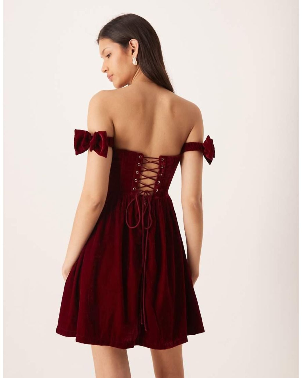 LACE & BEADS Red Off The Shoulder Bows Velvet Mini Dress