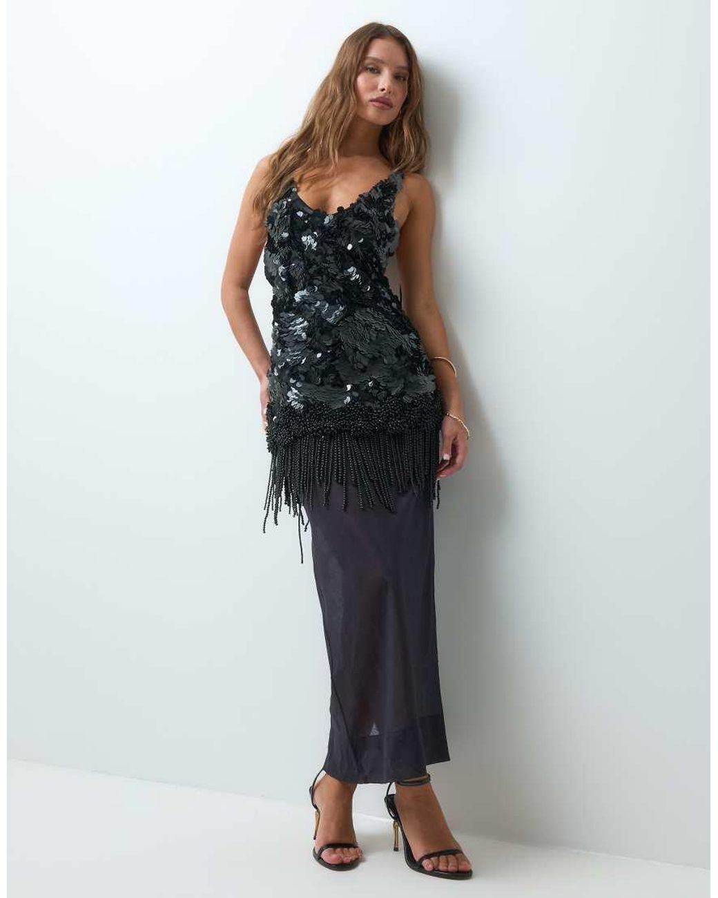 ASOS Natural Textured Sequin Maxi Dress With Beaded Fringe And Sheer Skirt