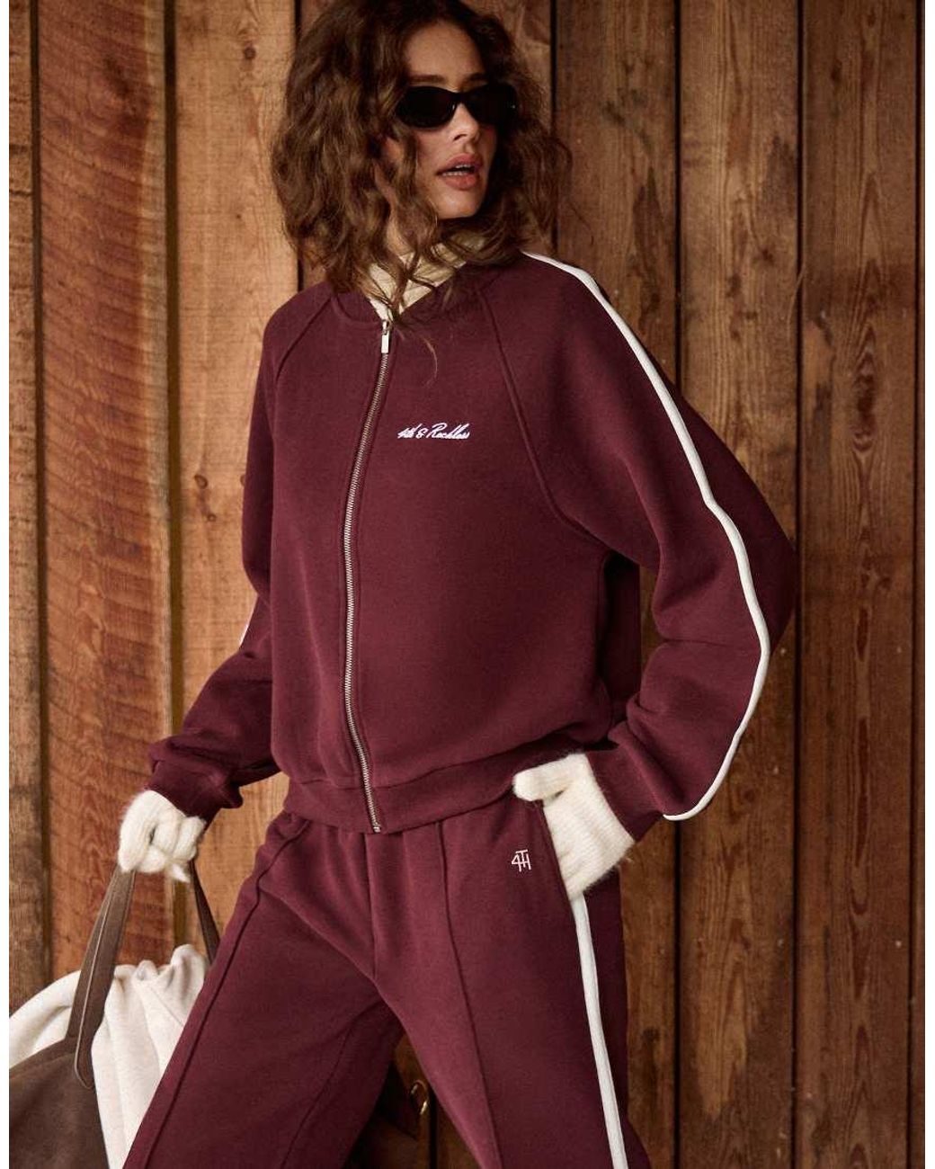 4th & Reckless Brown Cotton Rich Zip Through Embroidered Logo Bomber Sweatshirt Co-Ord