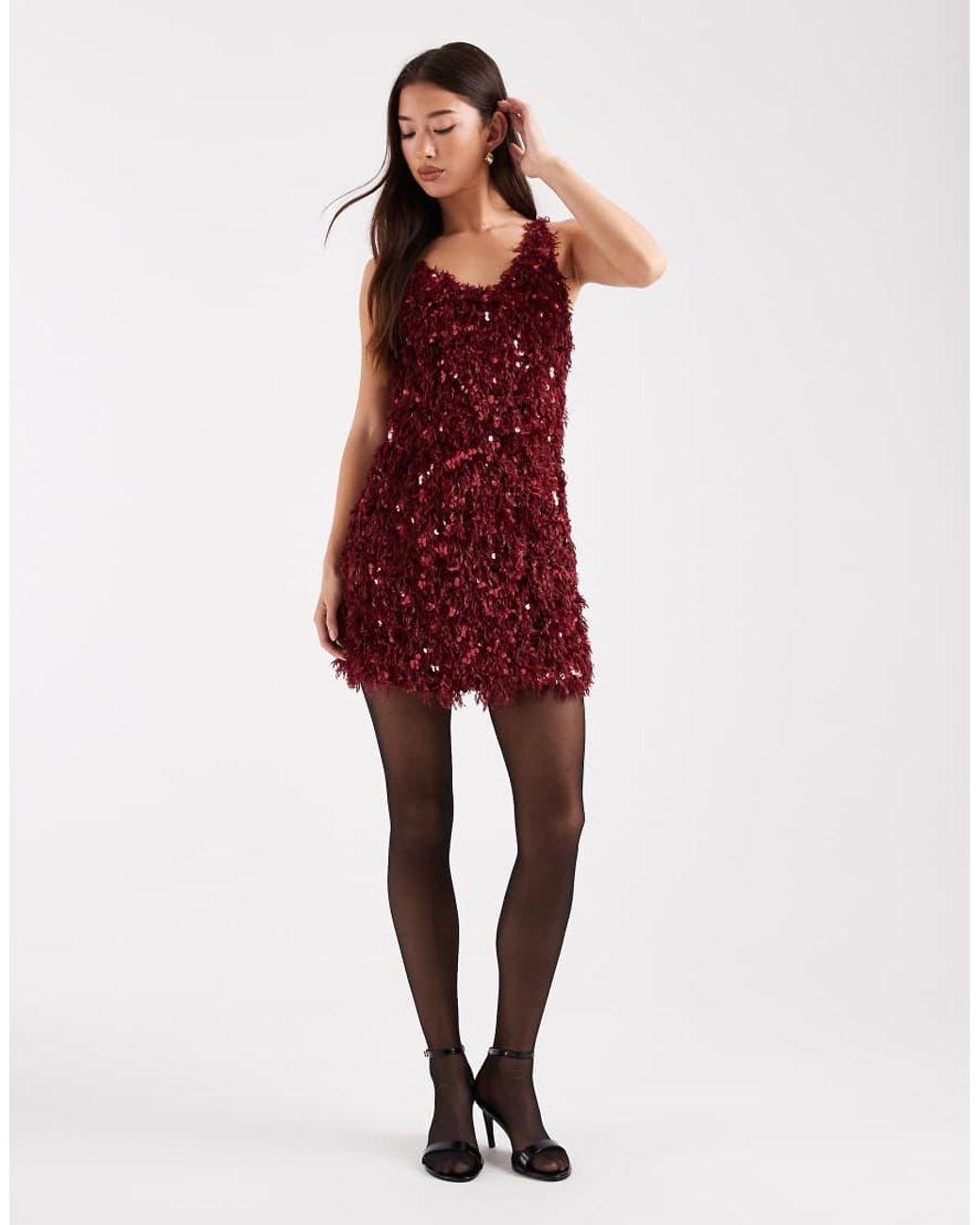 ONLY Red Faux Feather Sequin Mini Dress