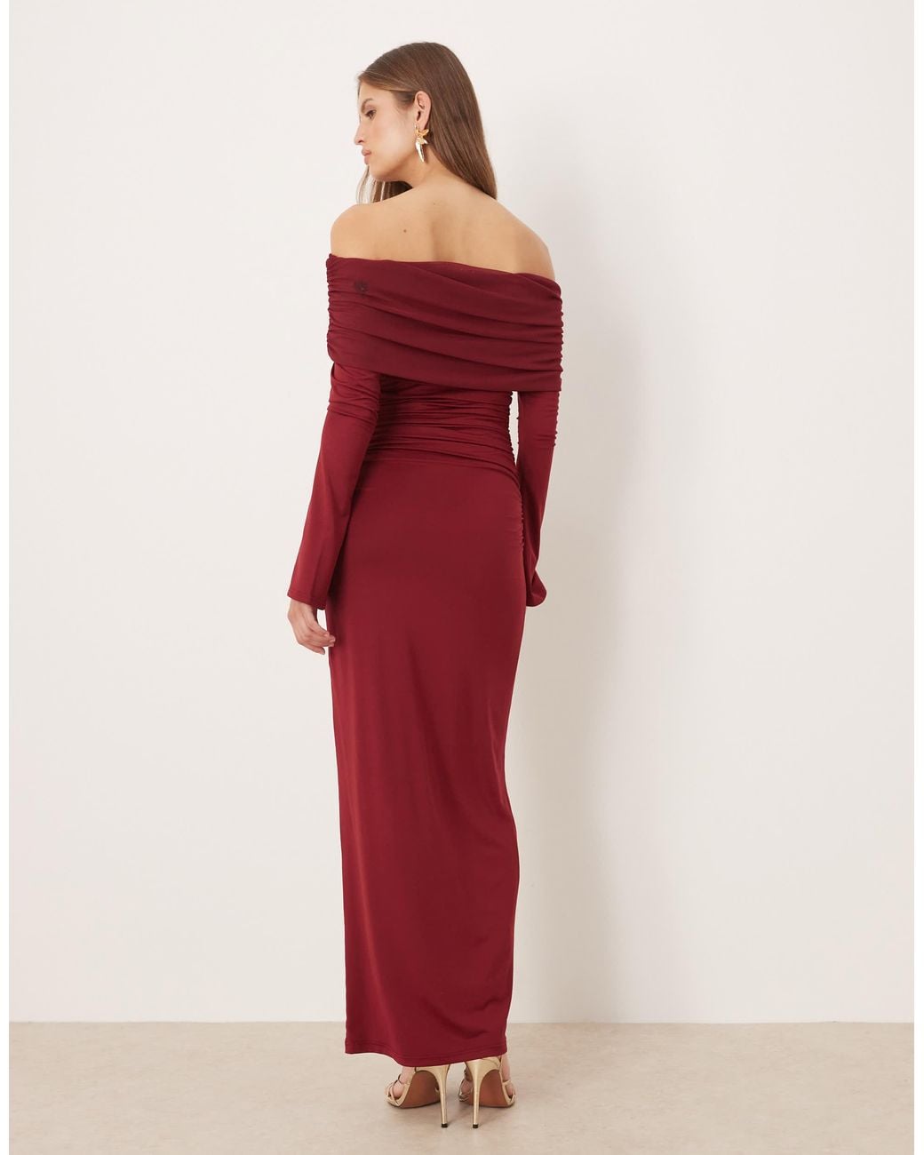 SNDY'S Red Mesh Asymmetric Shoulder Overlay Maxi Dress