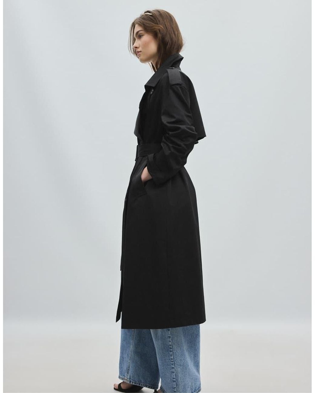 Stradivarius Black Long Basic Trench Coat