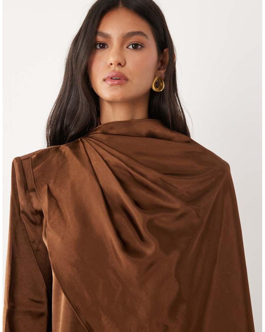 JW PEI Brown Exclusive Satin Asymmetric Draped Cape Detail High Neck Top Co-ord