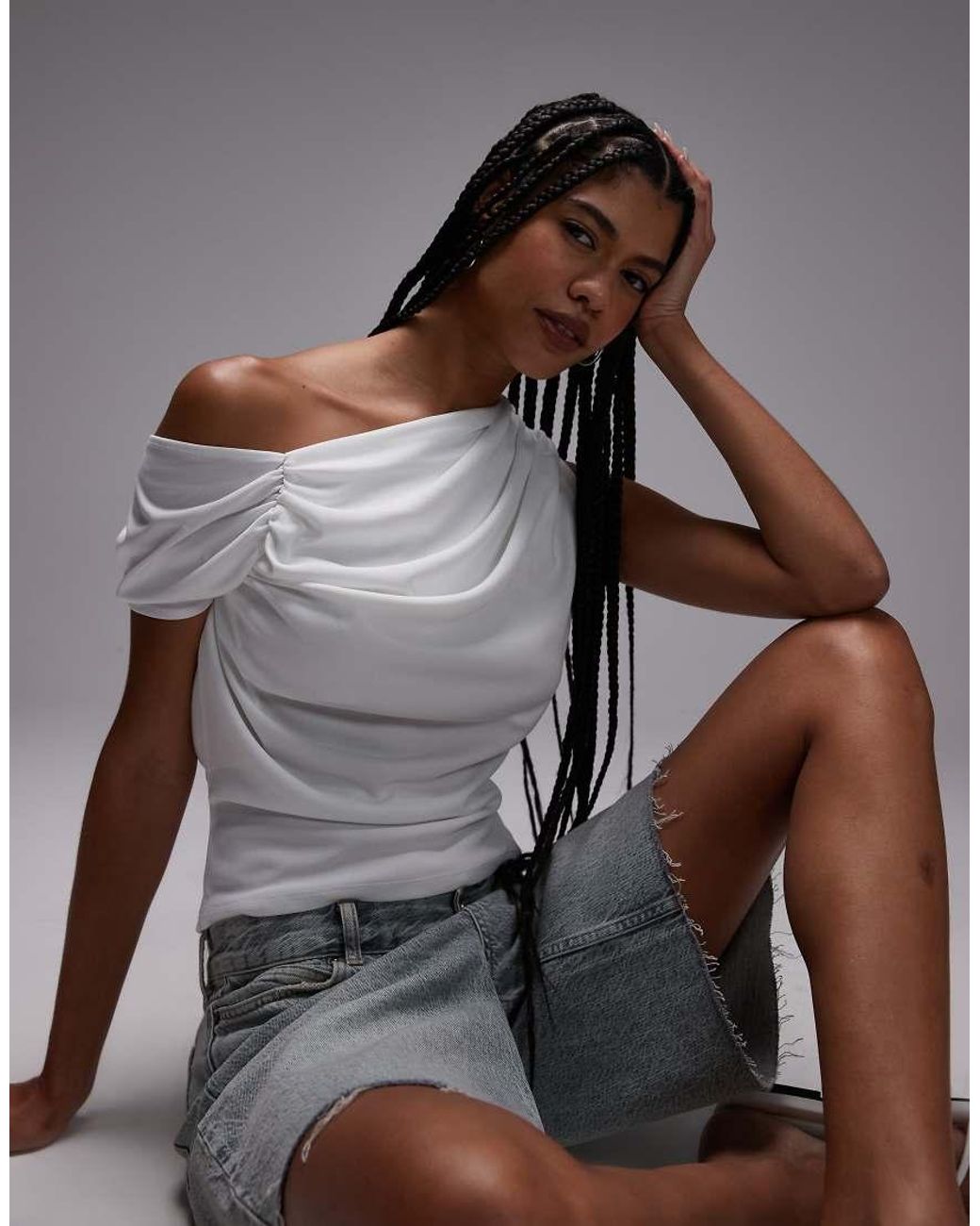 TOPSHOP Gray Ruched Detail One Shoulder Top