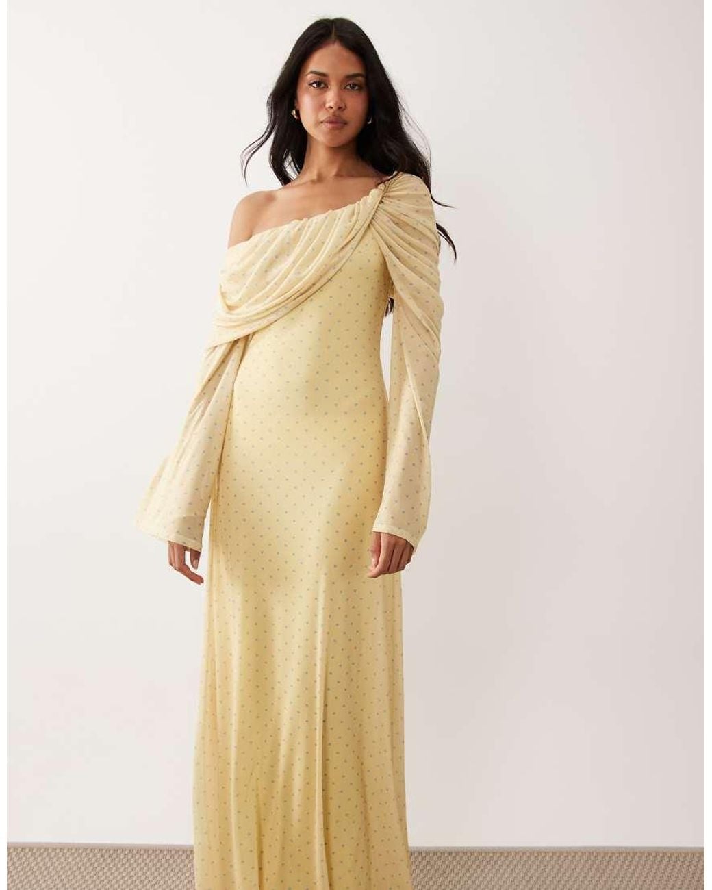 ASOS Natural Printed Off The Shoulder Draped Neck Long Sleeve Maxi Dress