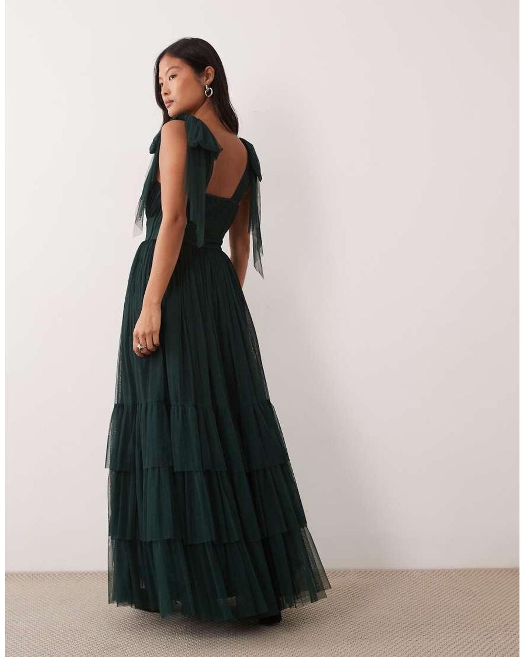 LACE & BEADS Blue Lace & Beads Madison Petite Tulle Bow Shoulder Plunge Neck Maxi Dress