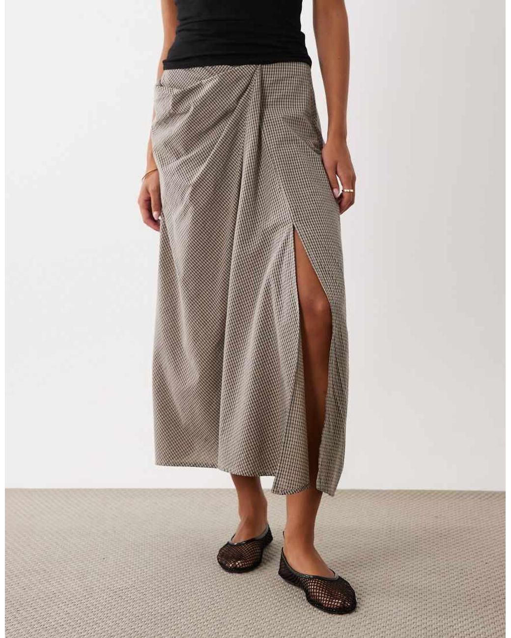 ASOS Natural Hitch Detail Volume Check Midi Skirt