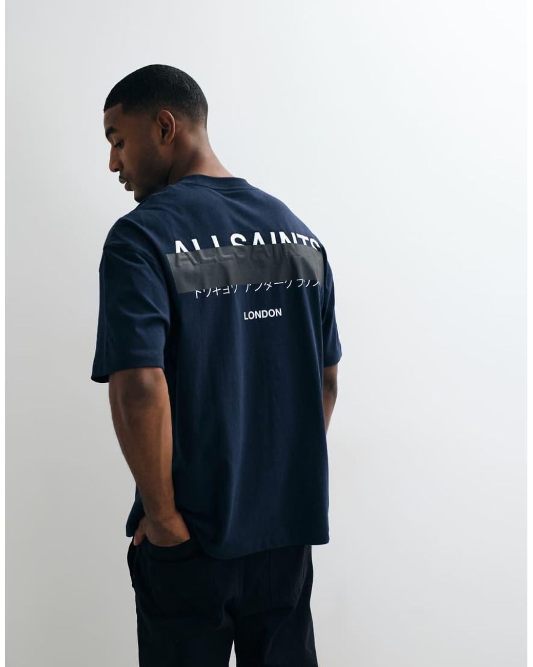 AllSaints Blue Redact Short Sleeve Graphic Logo T-Shirt With Back Print for men
