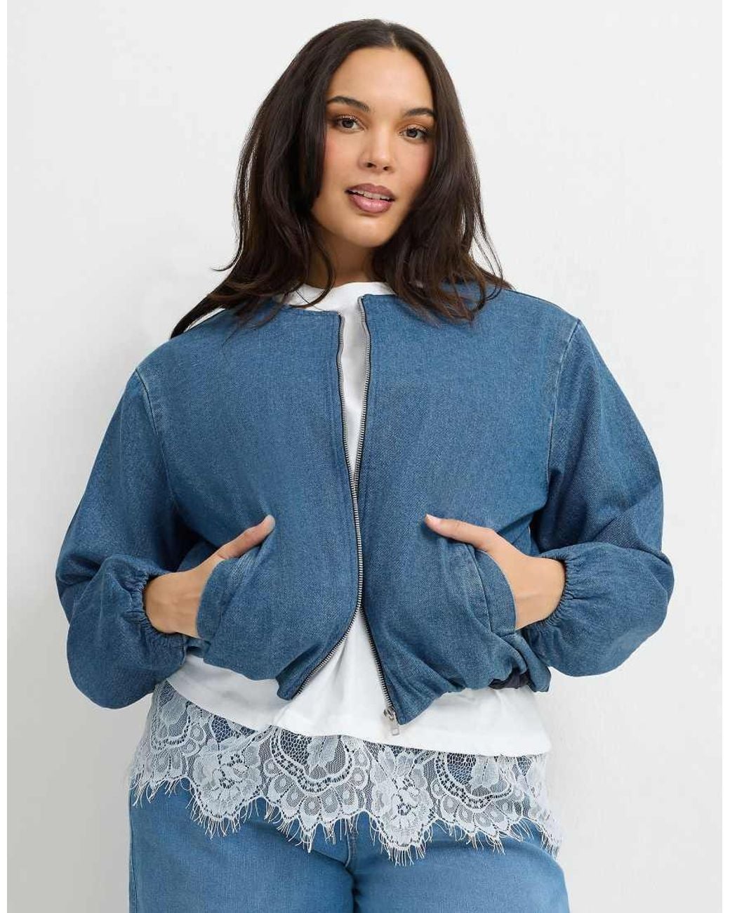 Yours Clothing Blue Denim Bomber Jacket