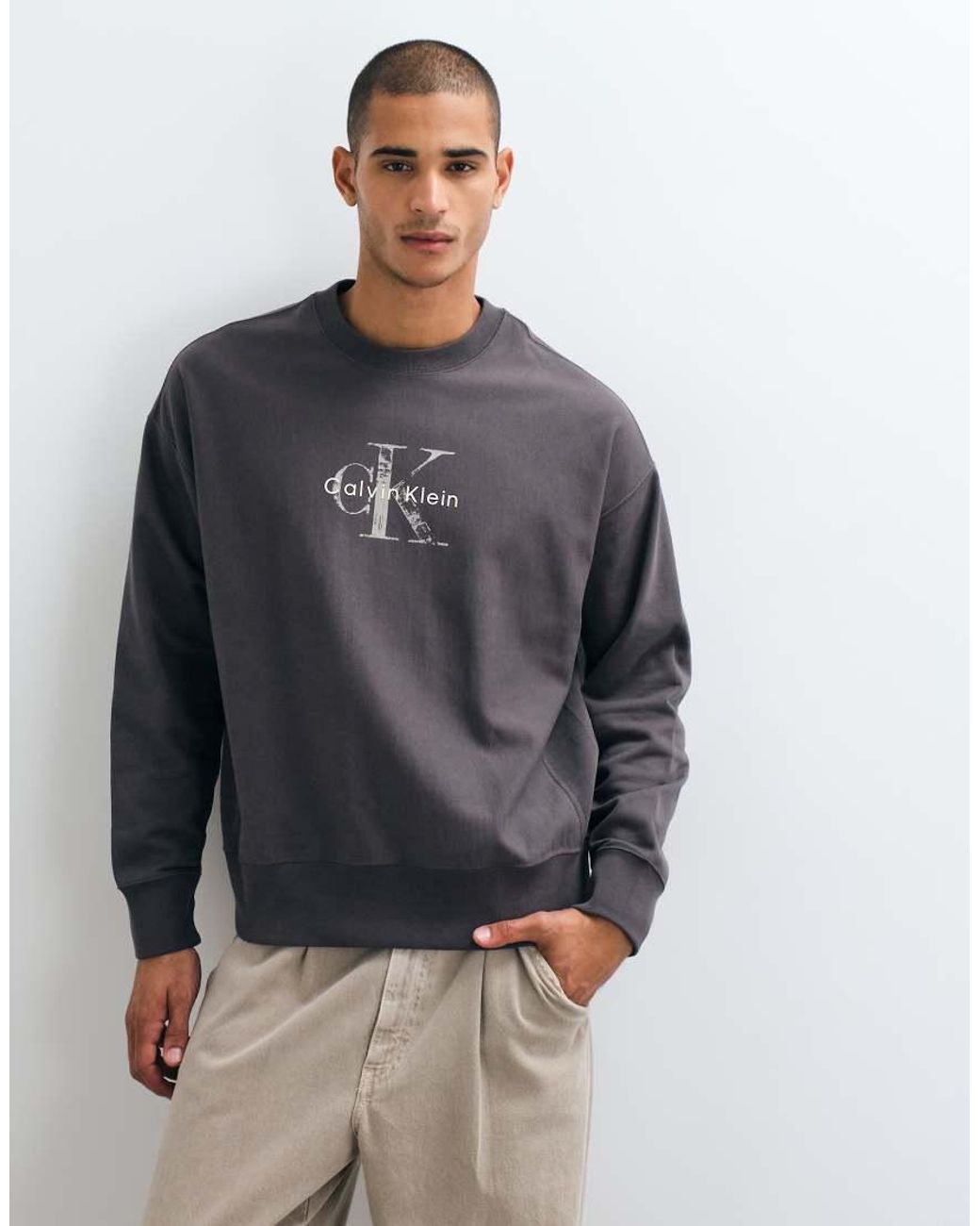 Calvin Klein Gray Monologo Terry Sweatshirt for men