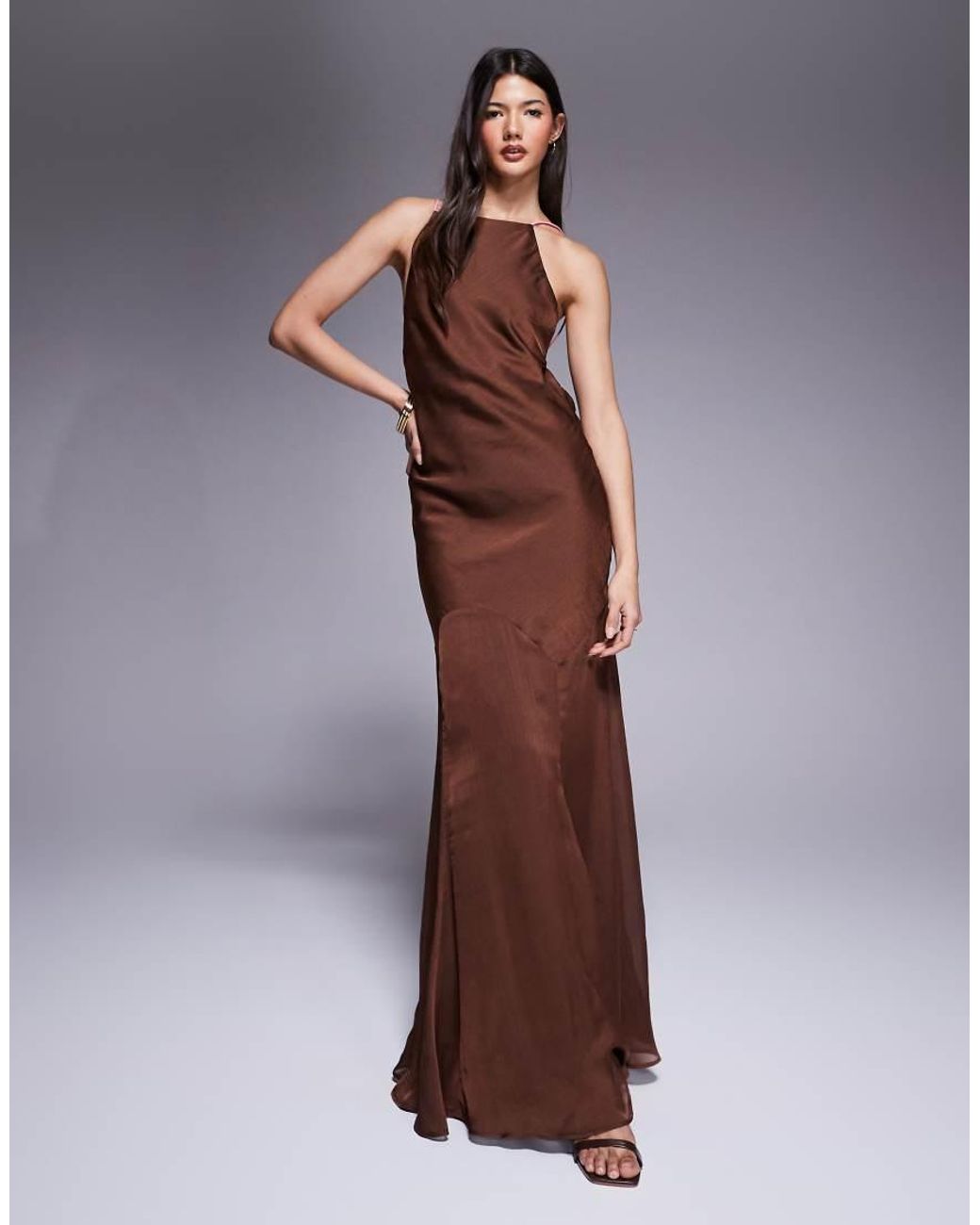 ASOS Brown High Neck Satin Bias Fishtail Maxi Dress