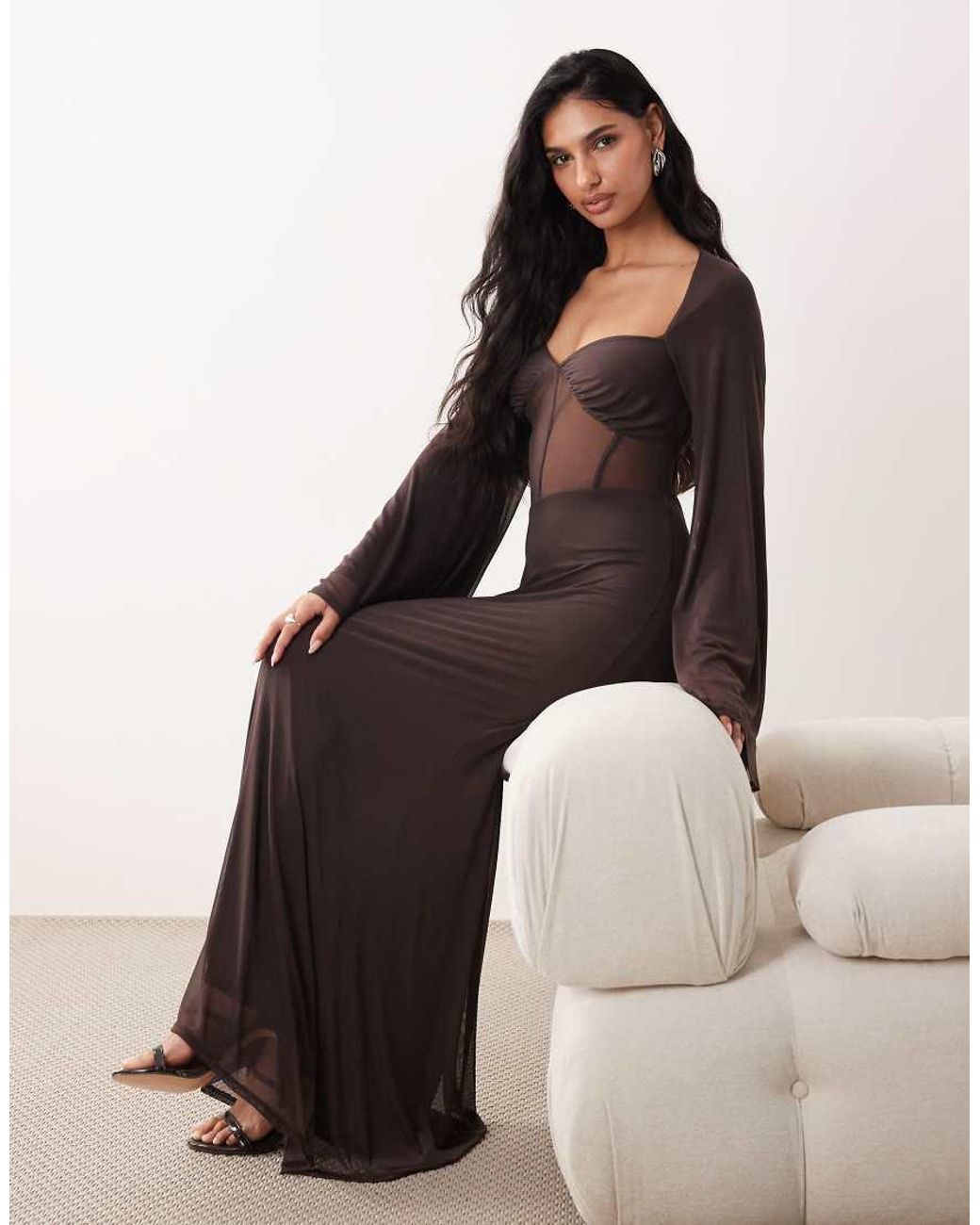 ASOS Brown Mesh Flute Sleeve Corset Detail Maxi Dress