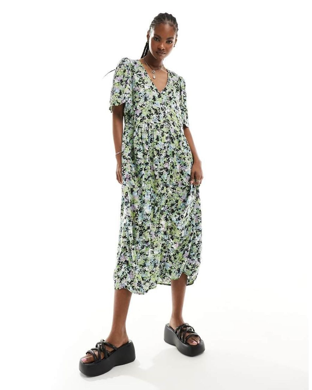 Monki Button Through Midi Dress in Green | Lyst UK