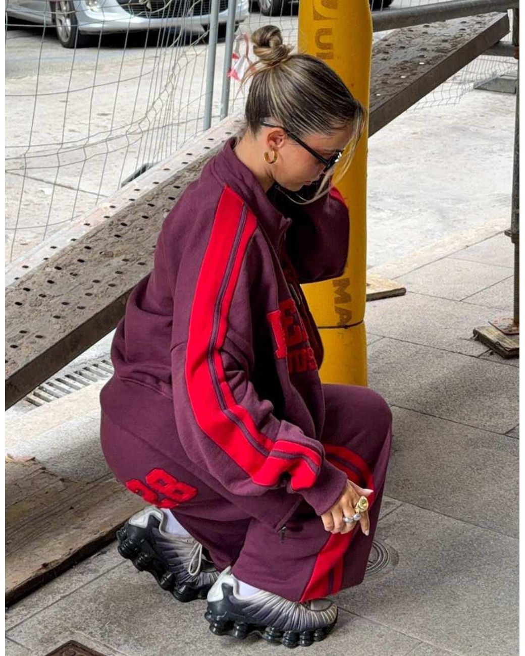 Bershka Red Plush Zip-Up Sweatshirt With Patch