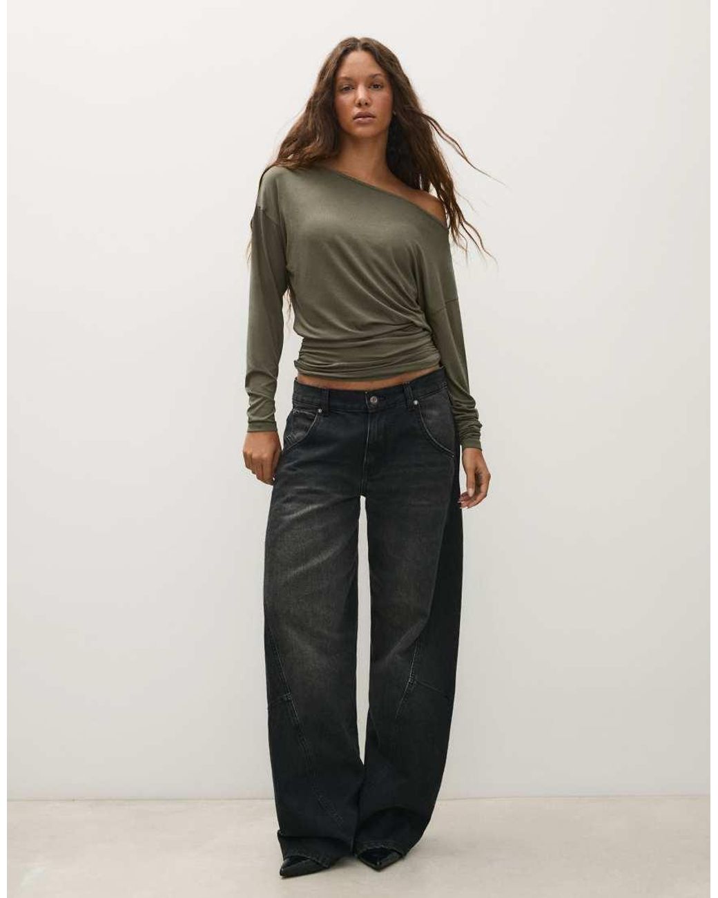 Bershka Green Asymmetric Neck Long-Sleeved T-Shirt