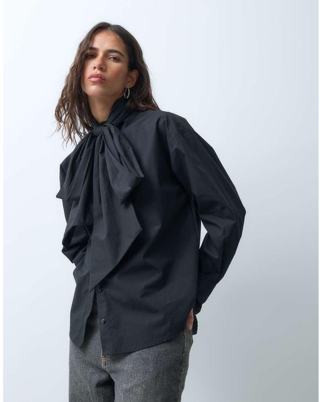 ASOS Black Large Bow Tie Neck Shirt