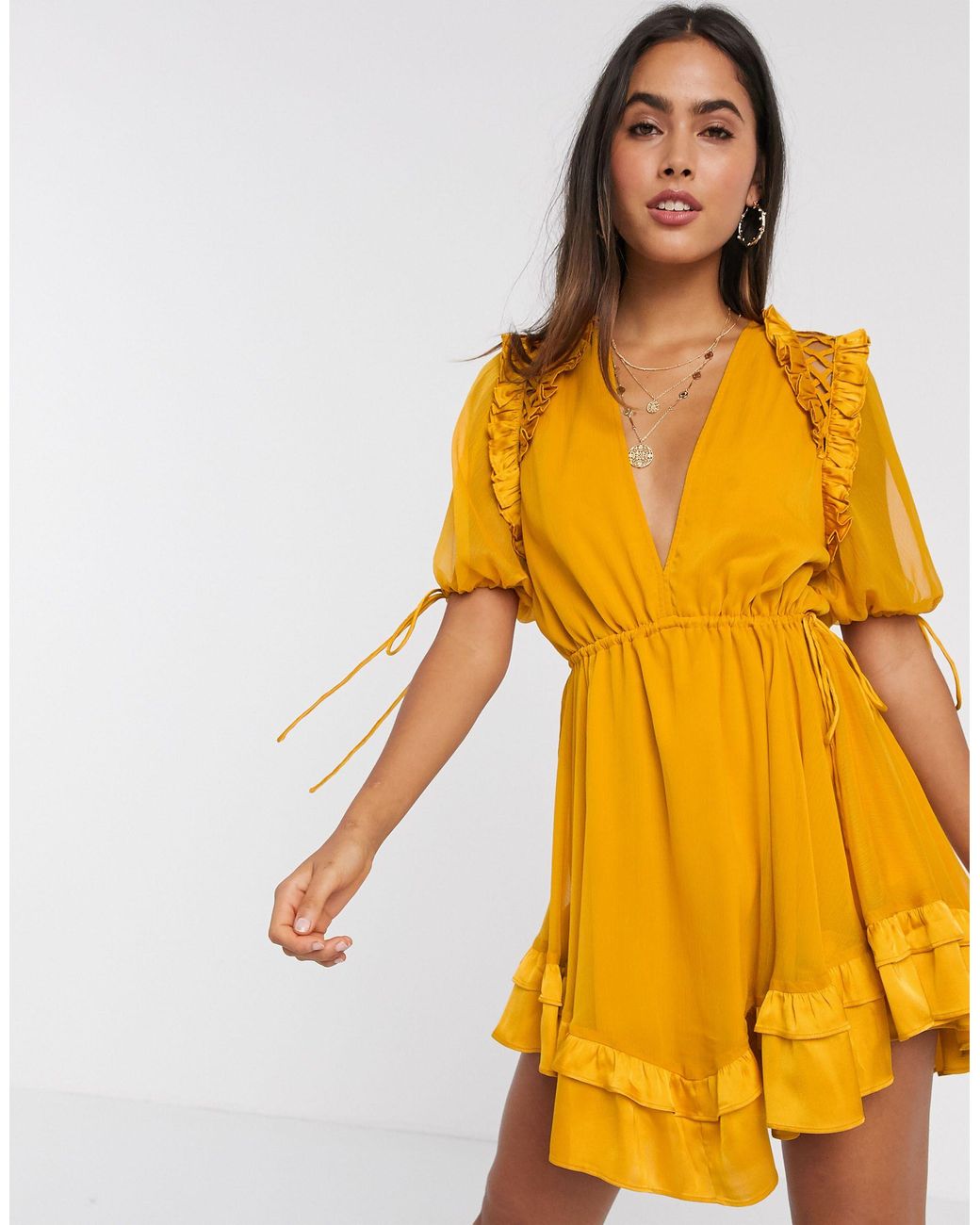 ASOS Mini Dress With Satin Trim Ruffle And Tie Detail in Yellow | Lyst