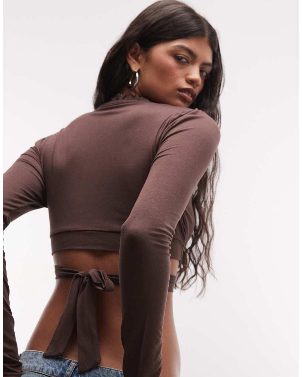 Reclaimed Vintage Brown Tie-front Long Sleeve Cropped Top