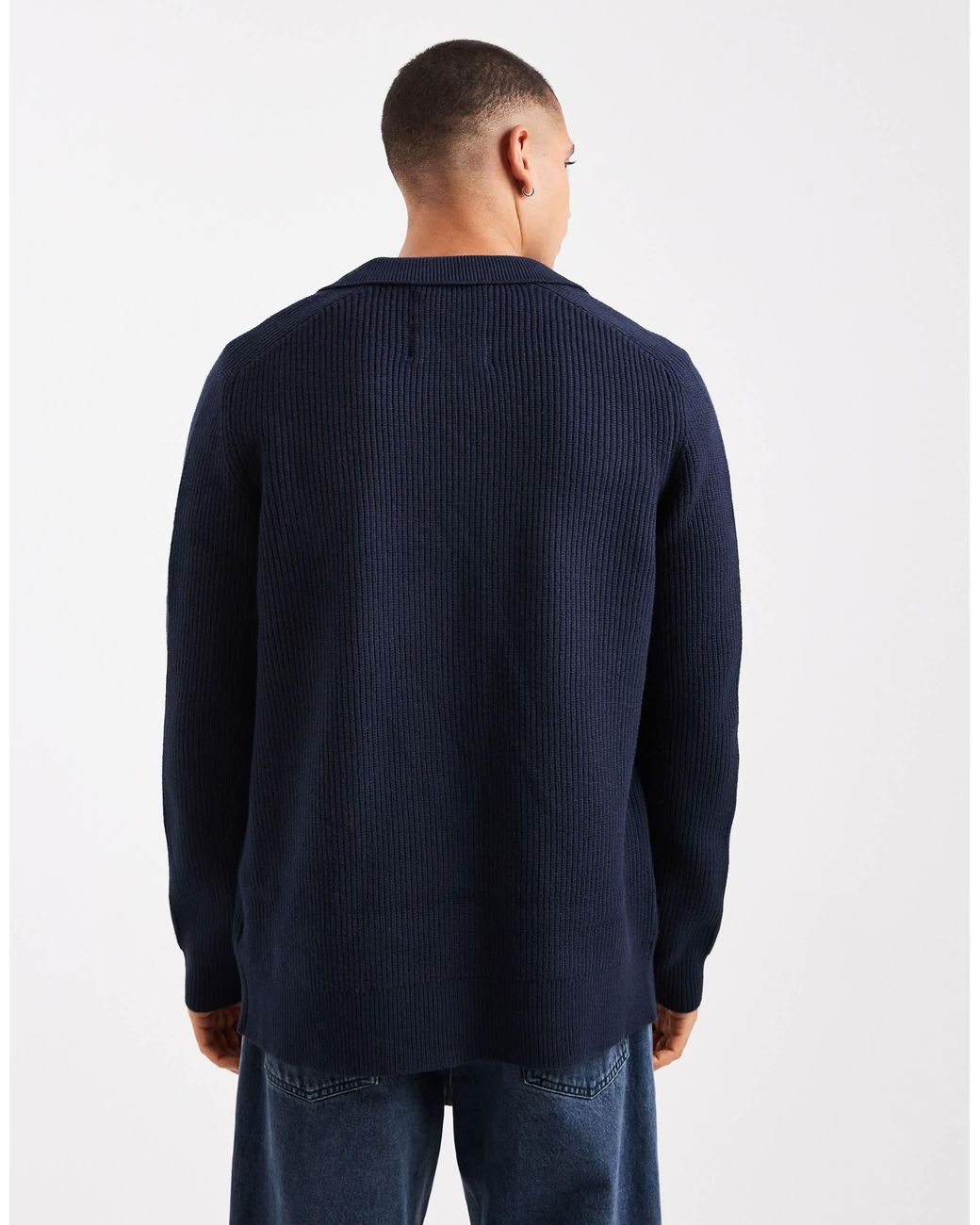 Threadbare Blue Knitted Button Down Cardigan With Collar for men