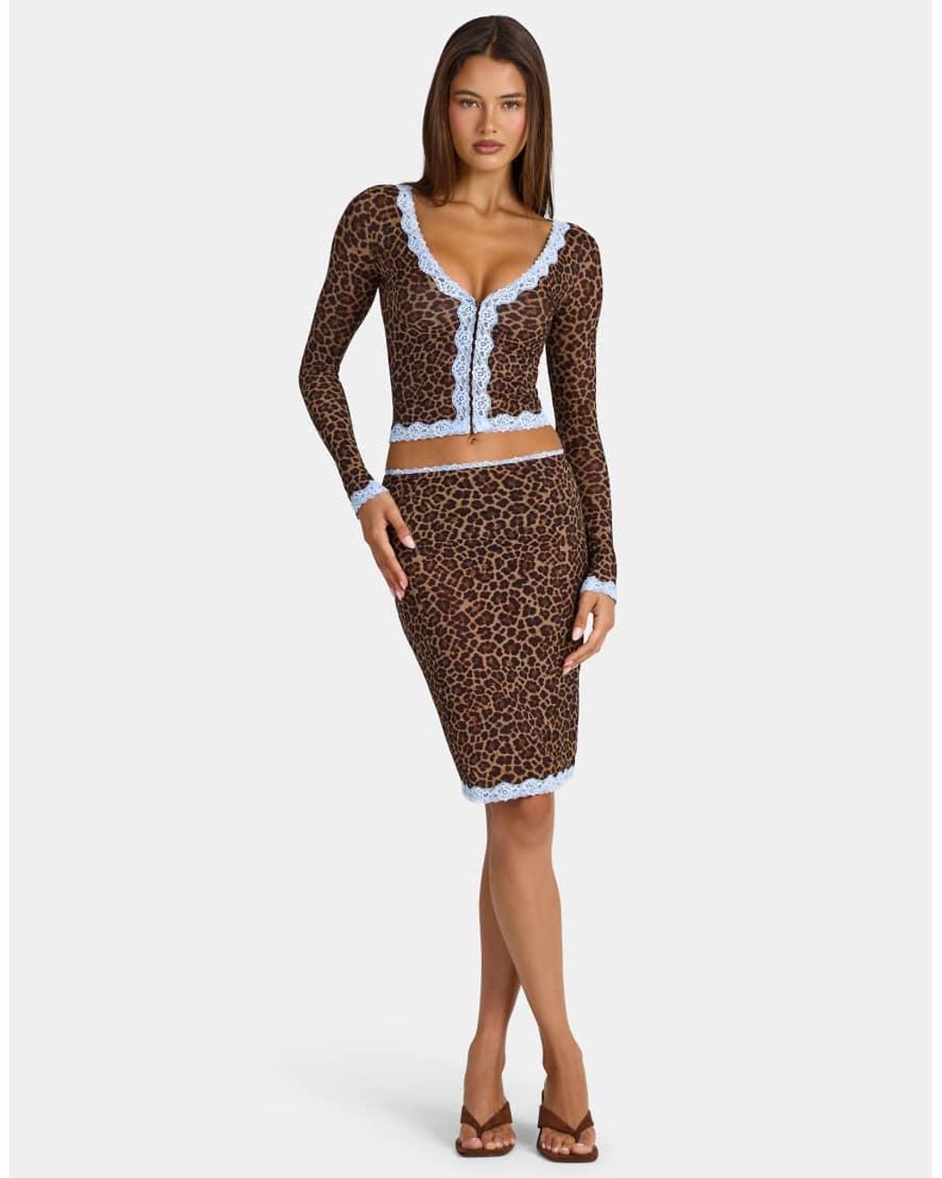 Oh Polly Brown Modal Plunge Neck Lace Trim Hook And Eye Cardigan Co-ord