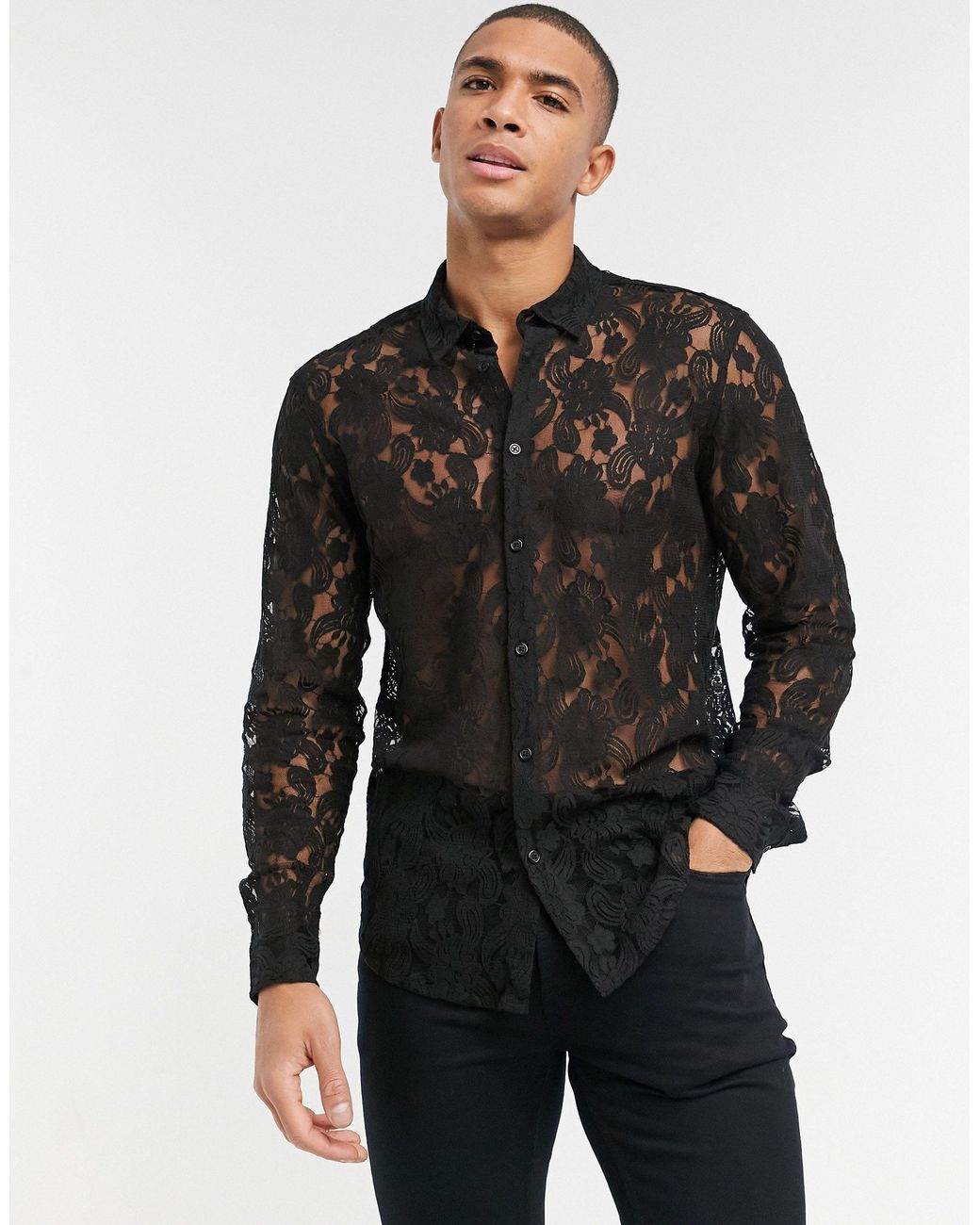 Mens black lace shirt hotsell