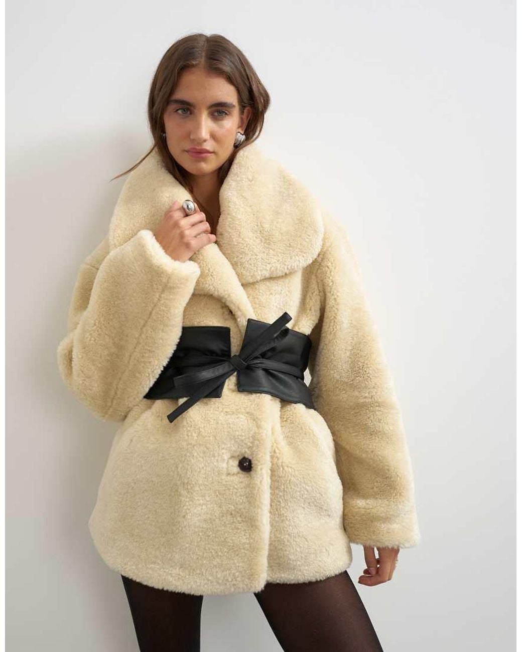 TOPSHOP Natural Borg Coat With Faux Leather Belt