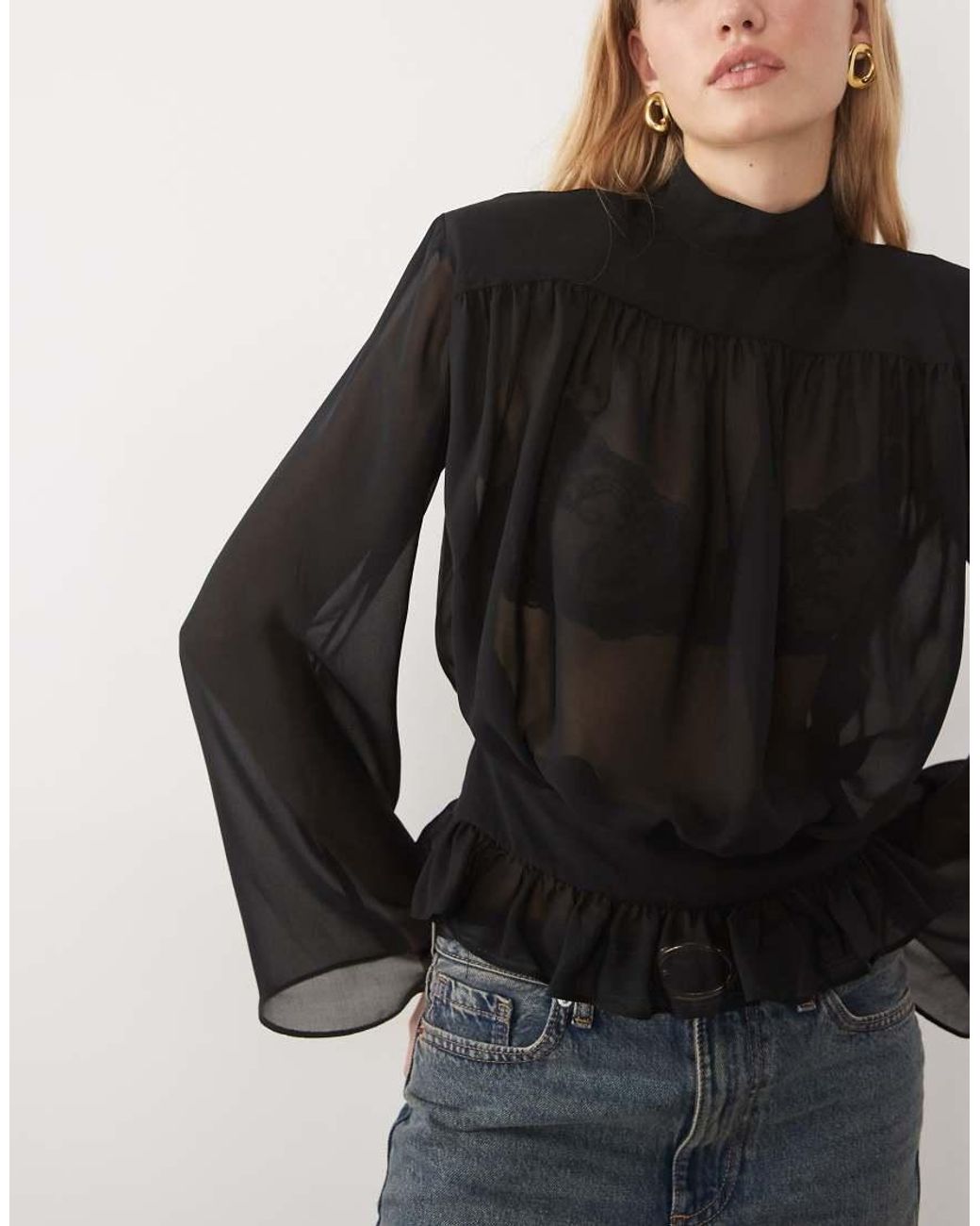 ASOS Black Frill Hem Gathered Blouse With Shoulder Pads