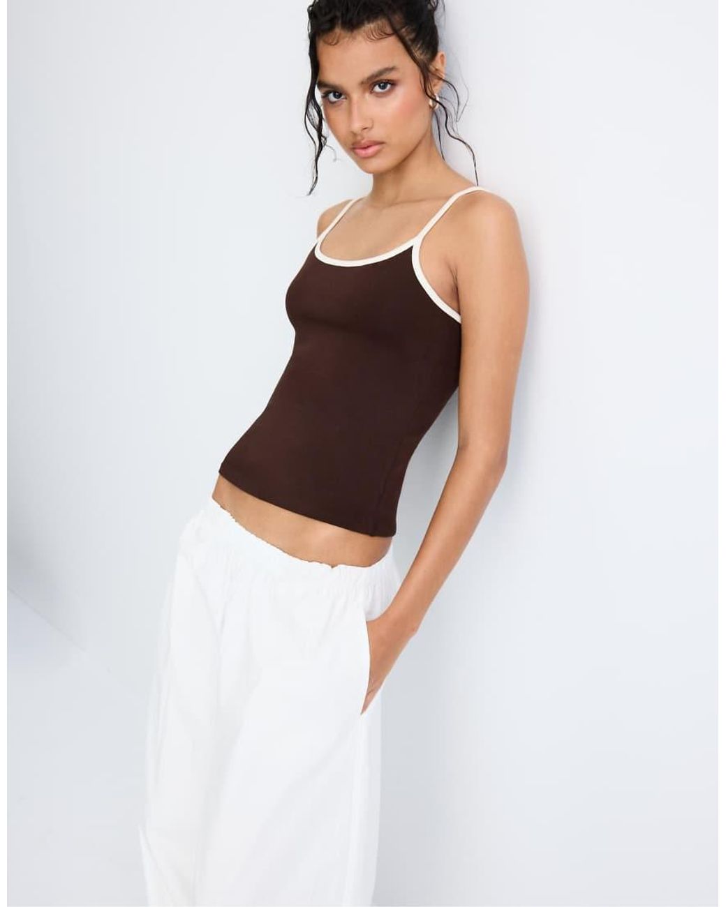 Stradivarius White B07 Ribbed Strap Top