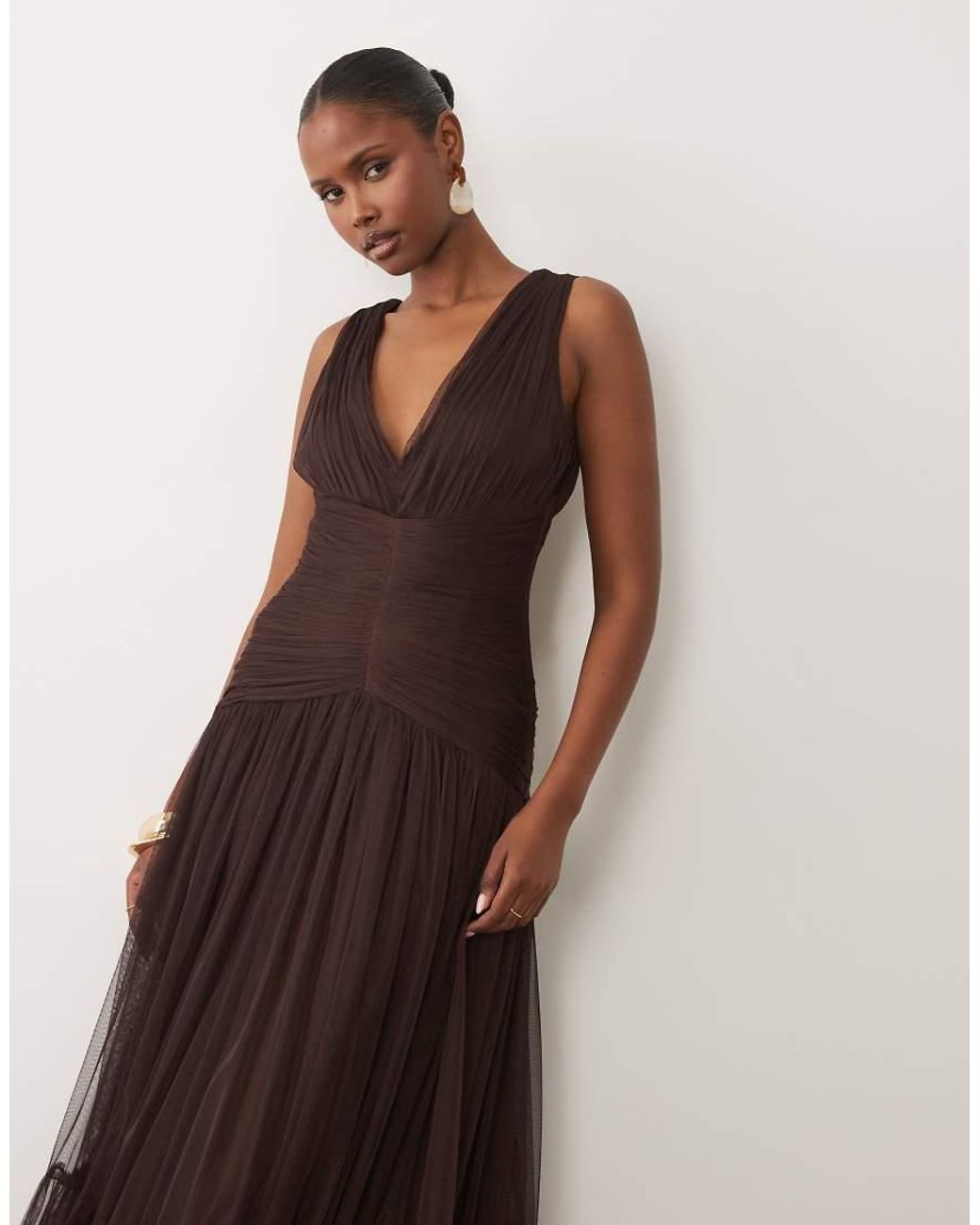 LACE & BEADS Multicolor Bridesmaid Tulle Sleeveless Dropped Waist Tiered Hem Maxi Dress