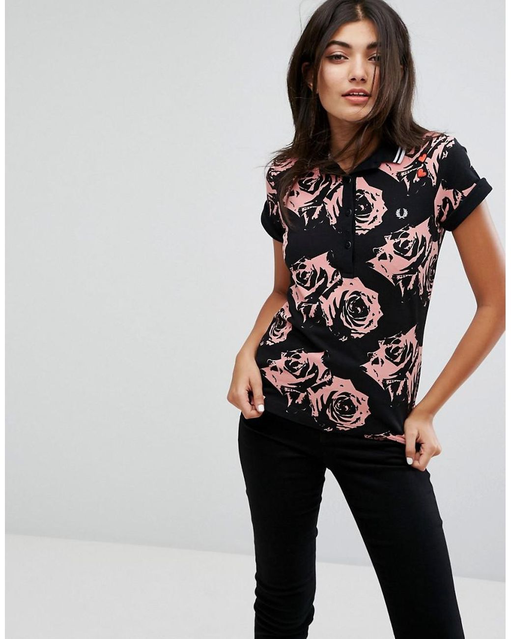 Fred Perry Amy Winehouse Foundation Rose Print Polo Shirt in Black