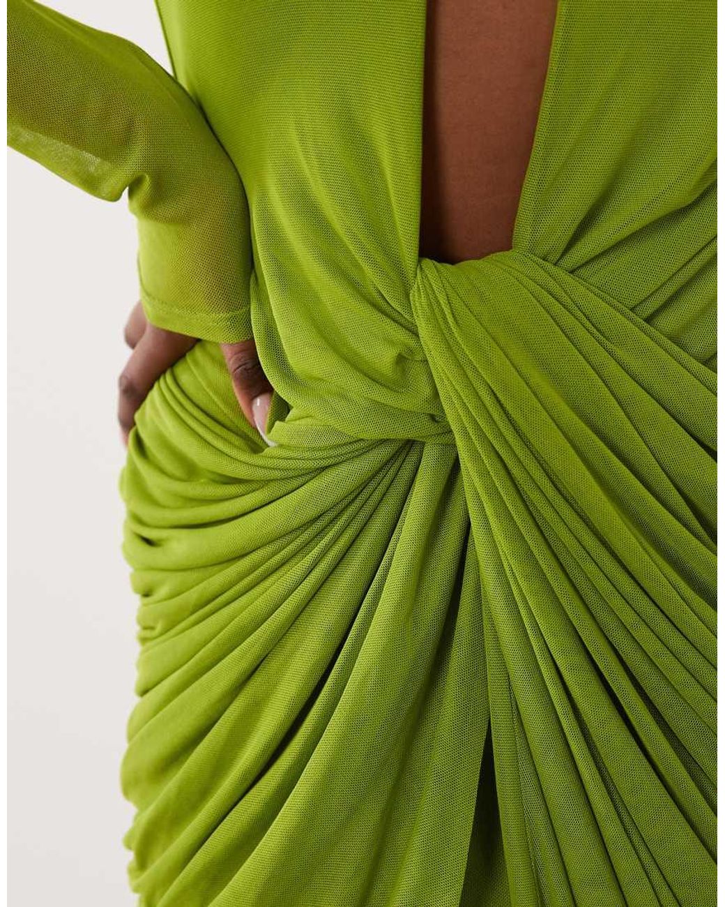 ASOS Green Mesh Deep Plunge Long Sleeve Dress With Draping