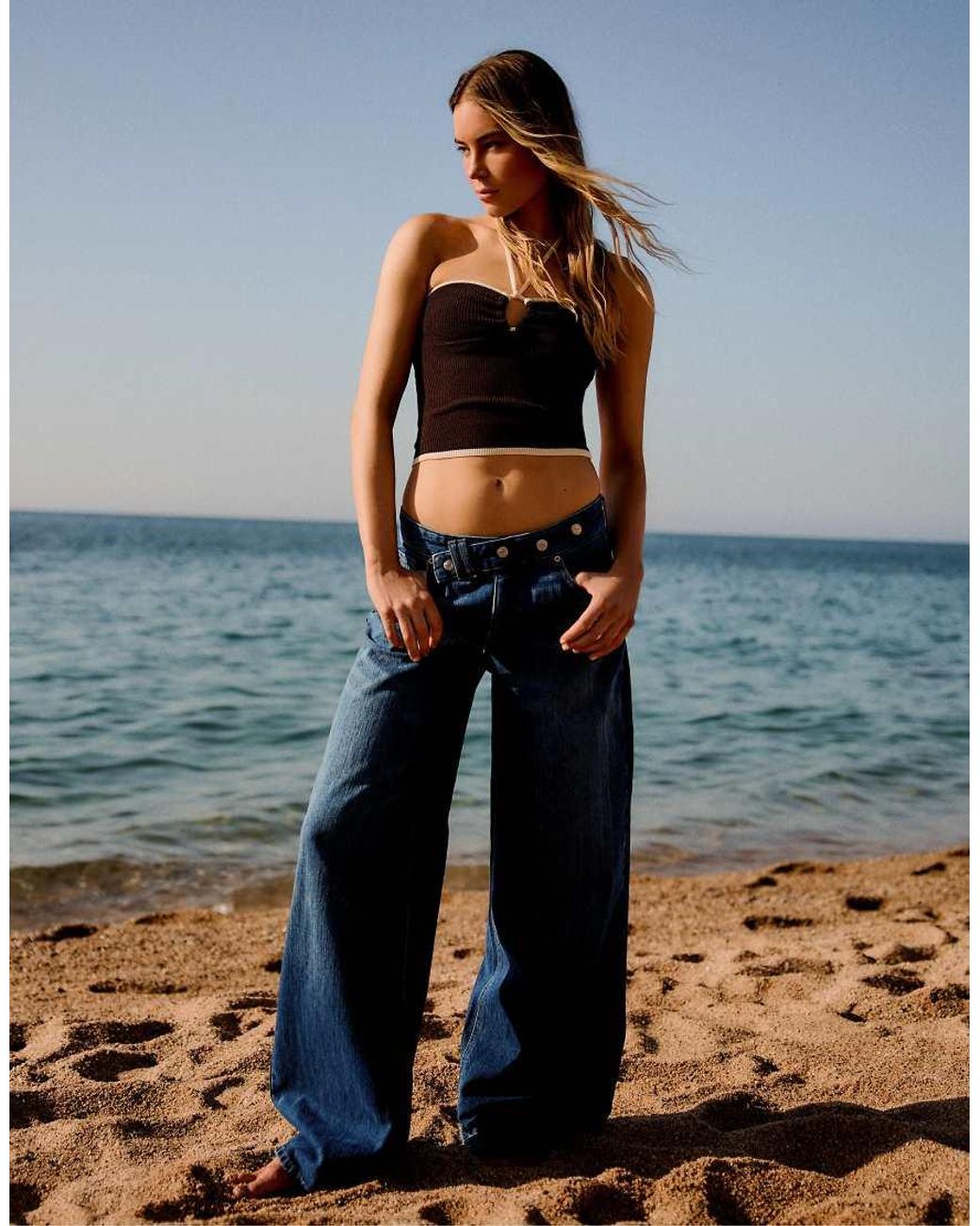 Bershka Blue Low-rise Crossover Waist Jeans