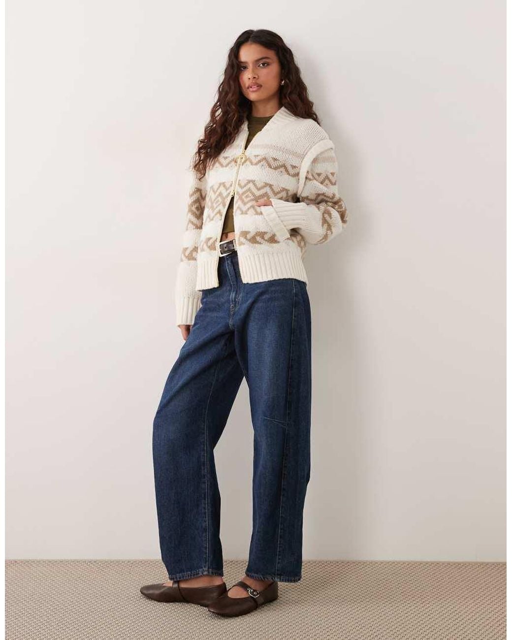 Barbour Natural Maplewood Zip Through Fairisle Stripe Knitted Cardigan