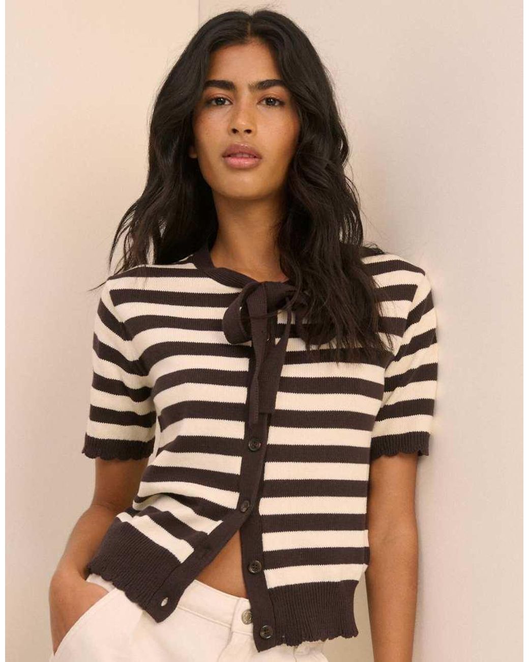 Nobody's Child Black Stripe Cotton Short Sleeve Tie Neck Cardigan