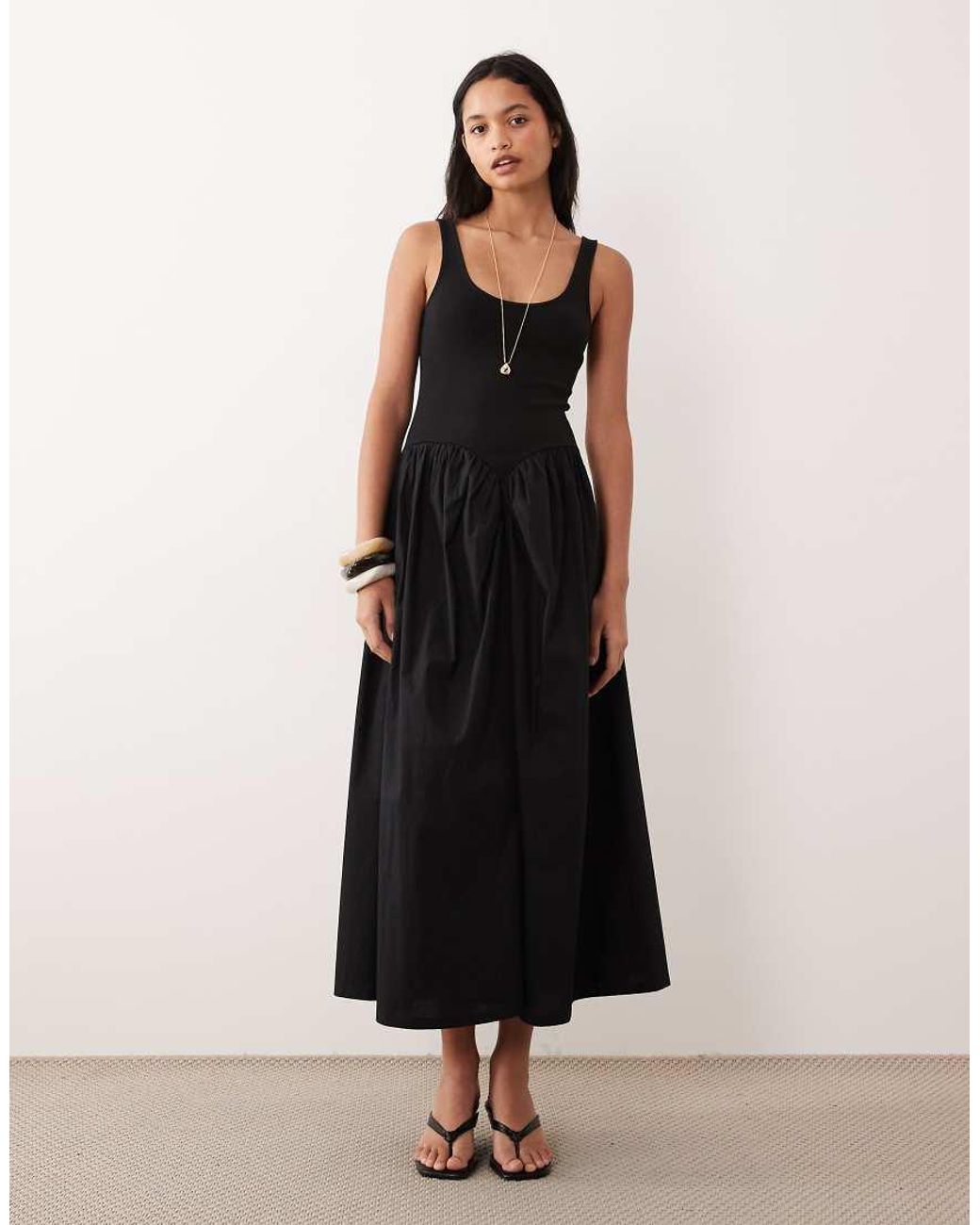ASOS Black Basque Waist Midi Dress With Woven Skirt