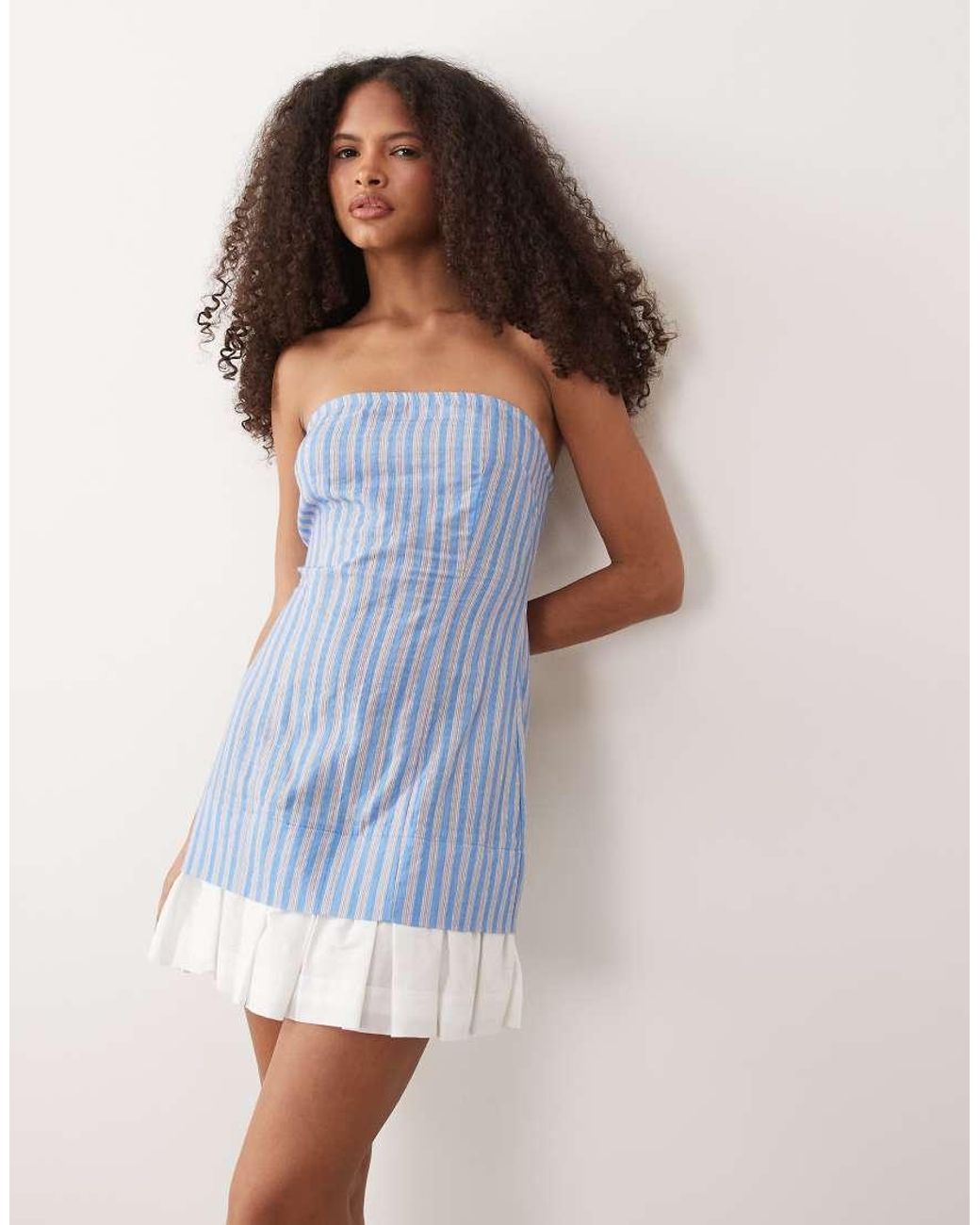 ASOS Blue Cotton Linen Bandeau Mini Sundress With Ruffle Hem