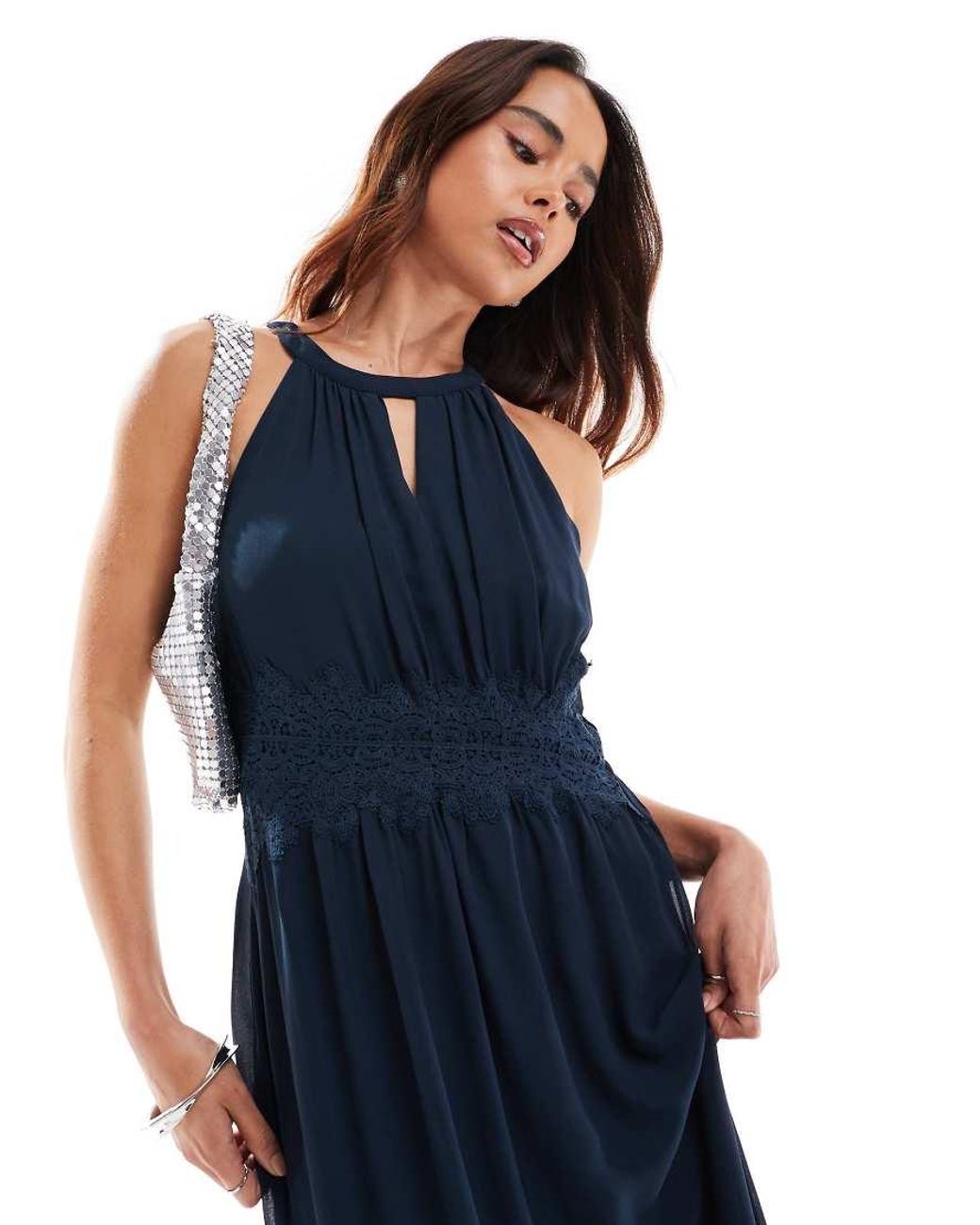 Vestido De Dama De Honor Largo Con Cuello Halter De Vila de color Blue