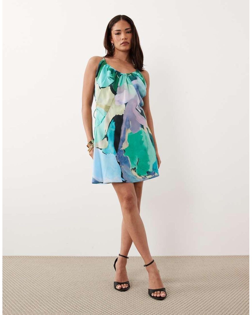 ASOS Blue Asos Design Petite Bias Cut Scoop Neck Low Back Satin Mini Dress