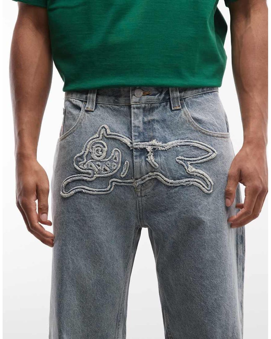 ICECREAM Green Scoop Denim Jeans With Running Dog Appliqué for men