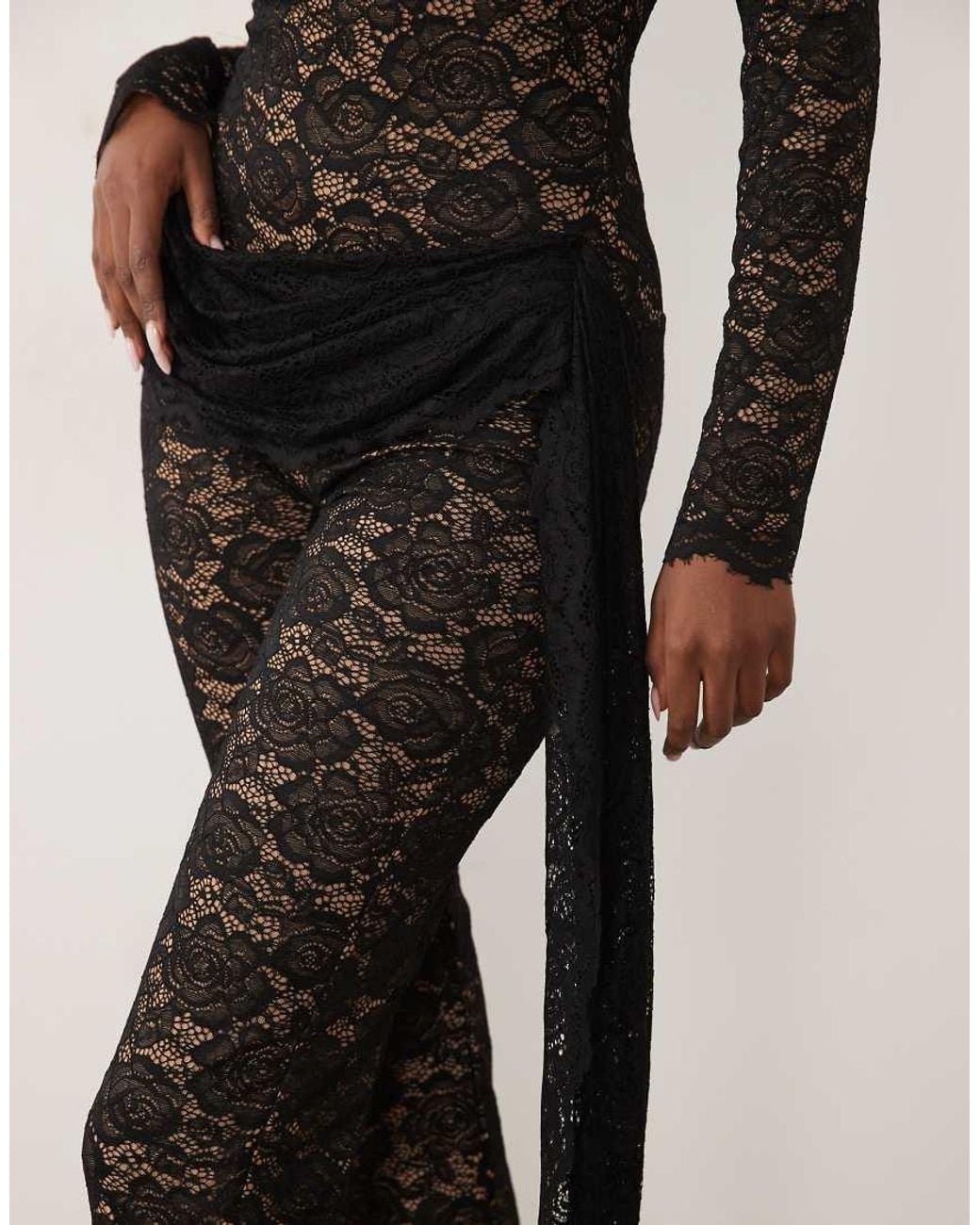 The Dolls House Natural Flora Premium Sheer Lace Catsuit With Wrap Detail