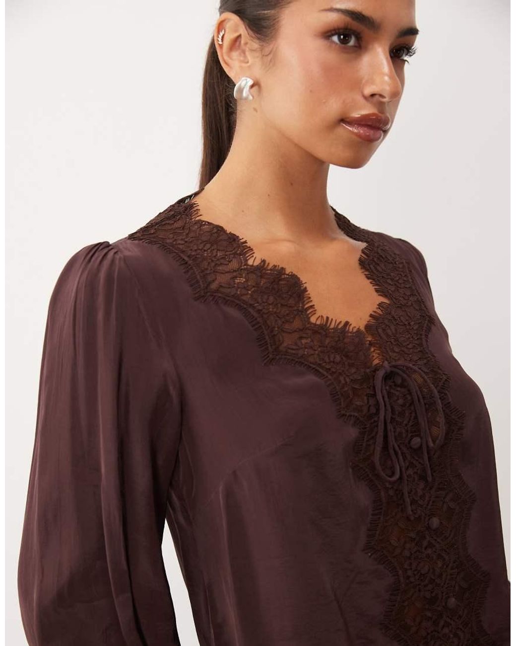 Nobody's Child Brown Wilde Satin Lace Detail Tie Bust Long Sleeve Blouse
