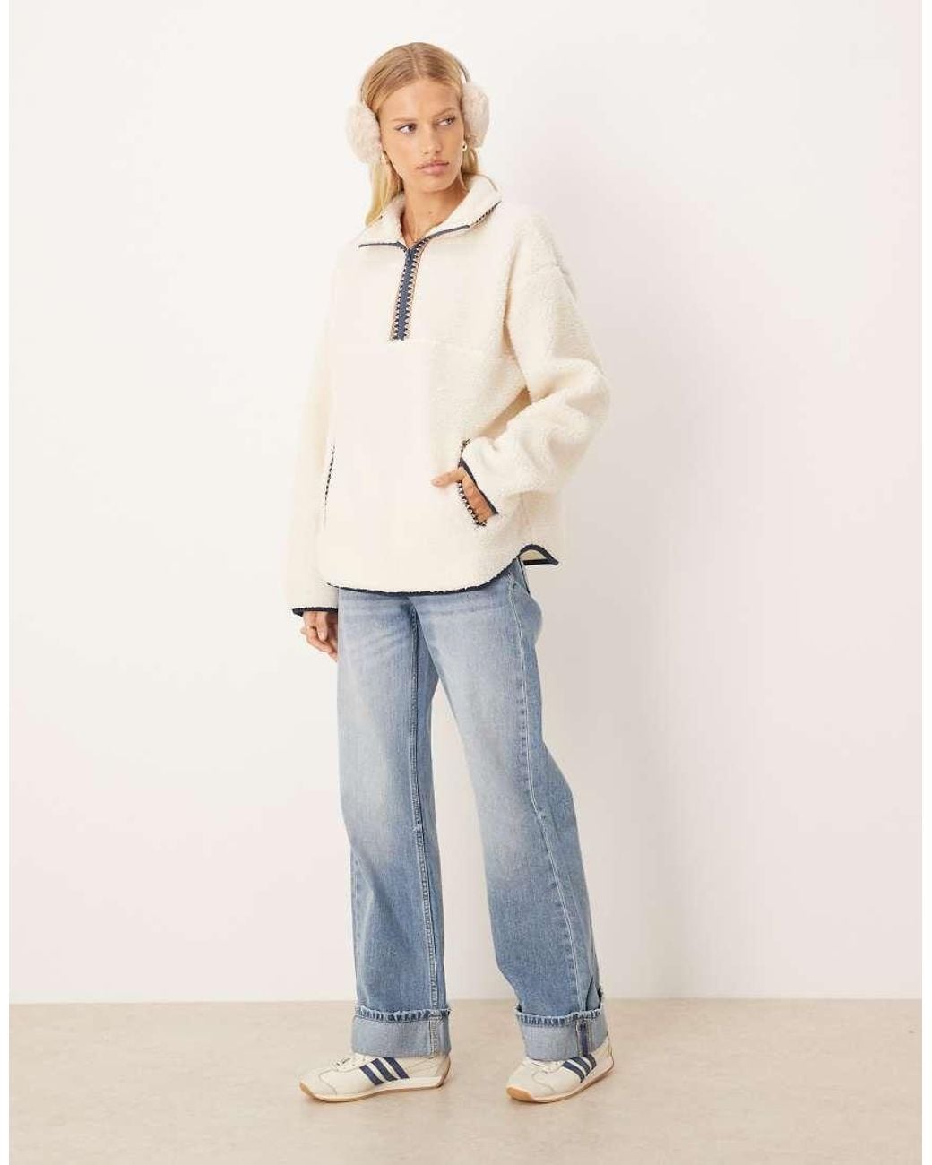 ASOS Natural Half Zip Borg Fleece With Folk Trim Detail
