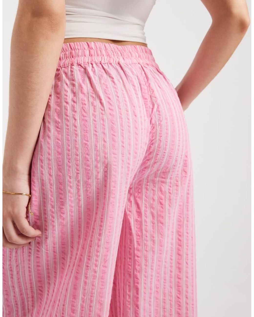 Vero Moda Pink Cotton Seersucker Tie Waist Wide Leg Trouser