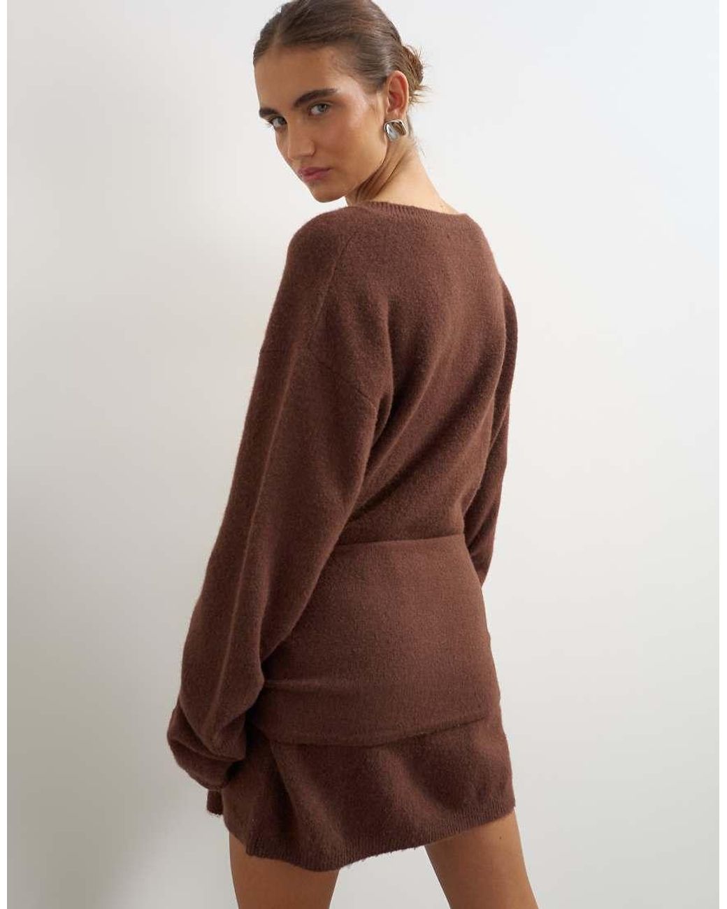 TOPSHOP Brown Knitted Tie Front Long Line Mini Jumper Dress