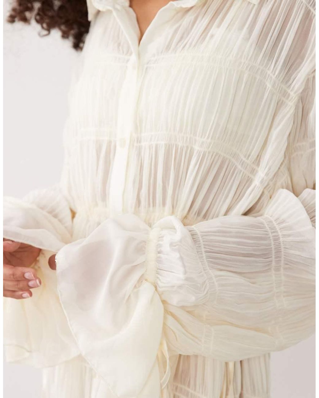 SNDY'S Natural Shirred Tie Sleeve Cinch Waist Detail Mini Dress